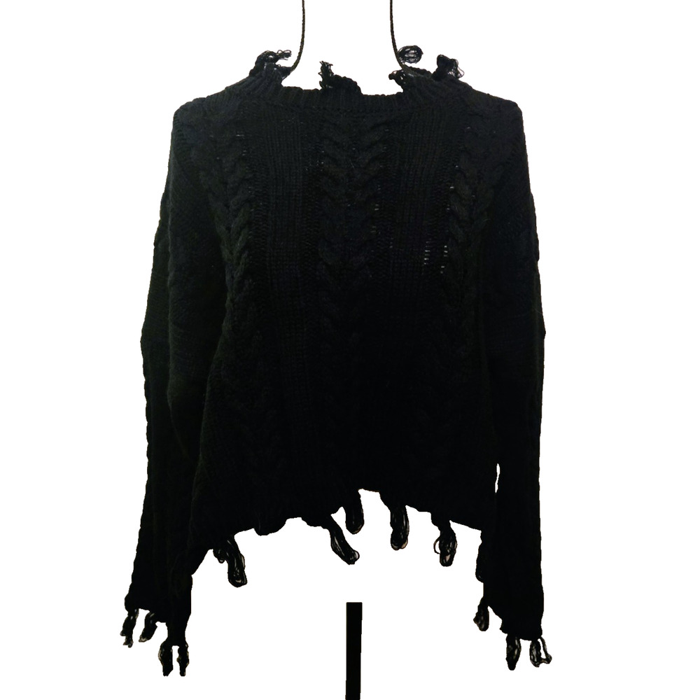 Altar'd State Black Distressed Cable Knit Crewneck Sweater